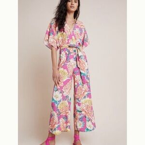 Farm Rio by Anthropologie Eulalie pink floral wide-leg jumpsuit